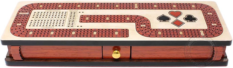 House of Cribbage - Continuous Cribbage Board/Box Inlaid in Maple/Blood Wood: 4 Track - Cards and Pegs Storage Drawer with Score Marking Fields for Skunks, Corners and Won Games