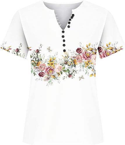 Miniatura 7 de Ceboyel Camisas Henley con estampado floral para mujer, cuello en V, sexy, casual, manga corta, blusas elegantes, trajes de mujer,
