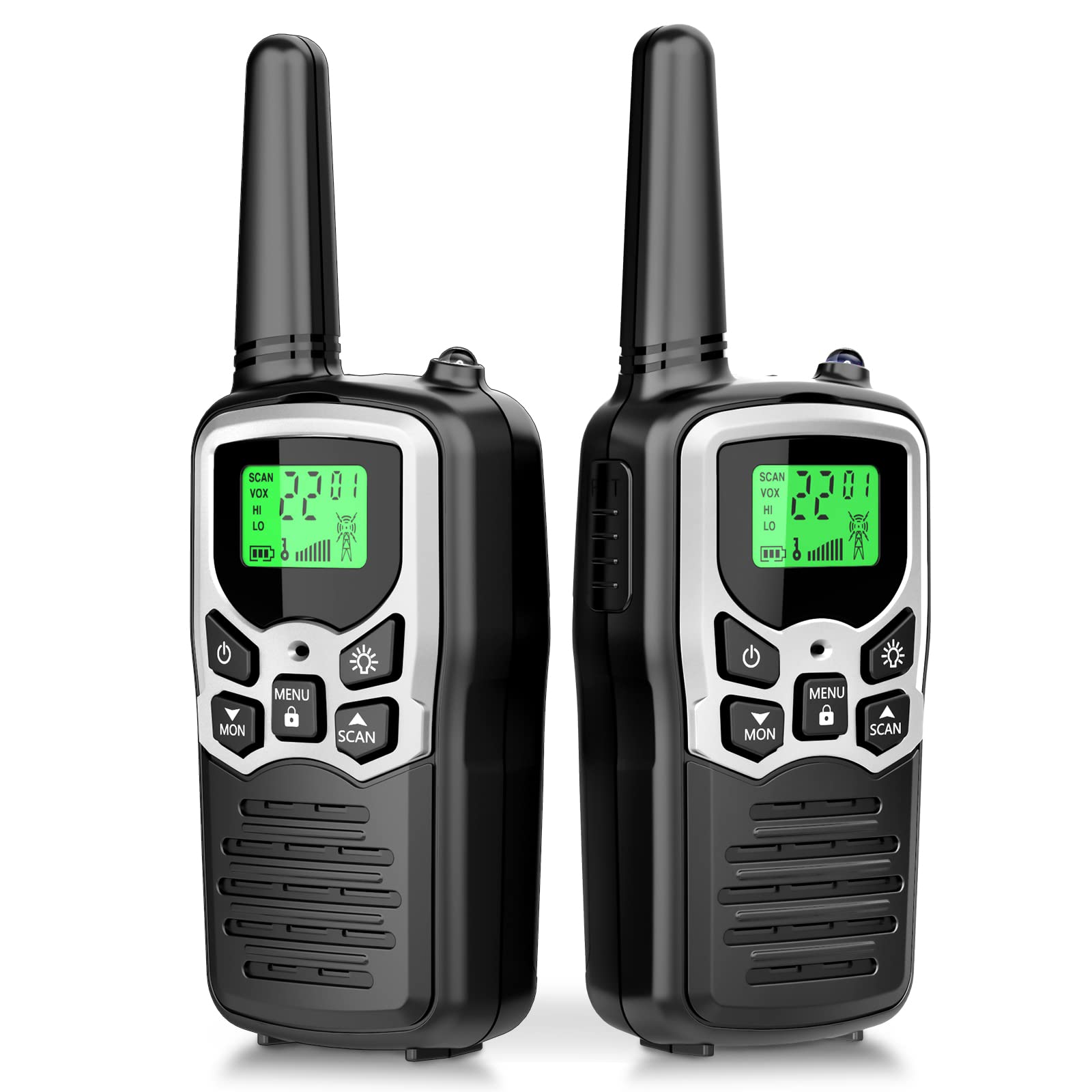 Walkie Talkies,MOICO Long Range Walkie Talkies for Adults Two-Way Radios with 22 Channels FRS VOX Scan LCD Display with LED Flashlight for Field, Survival Biking Hiking Camping 2 Pack (Silver)