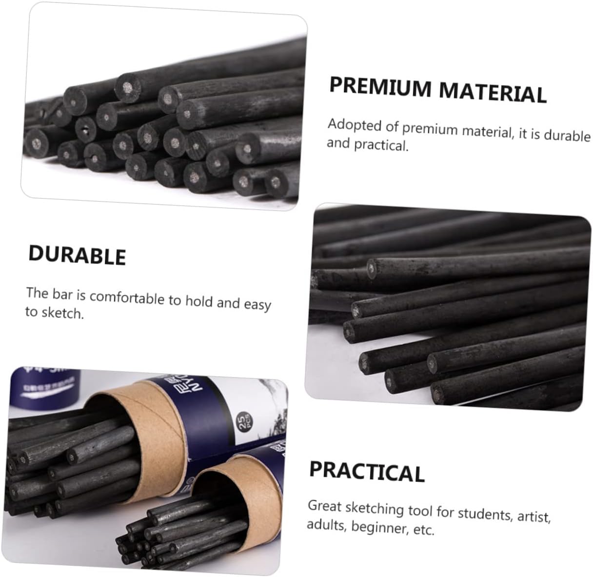 SEWACC 25pcs Willow Charcoal Sketching Pencils Durable Charcoal Drawing Tools for Artists and Beginners for Shading and Sketching Easy to Grip and Sharpen