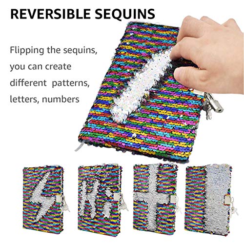 Vipbuy Magic Reversible Sequin Notebook Diary Lined Travel Journal With Lock And Key For Kids Girls, Size A5 (8.5" X 5.5"), 78 Sheets, Rainbow To Silver #TOP2