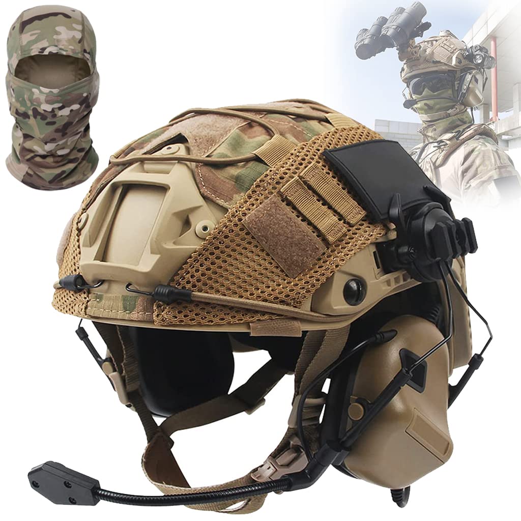 Fast Casque Airsoft avec Casque Antibruit, Housse de Casque Tactique Multicam et Masque Intégral Cagoule, Équipement Tactique d'extérieur pour Jeu Militaire CS de Chasse au Paintball