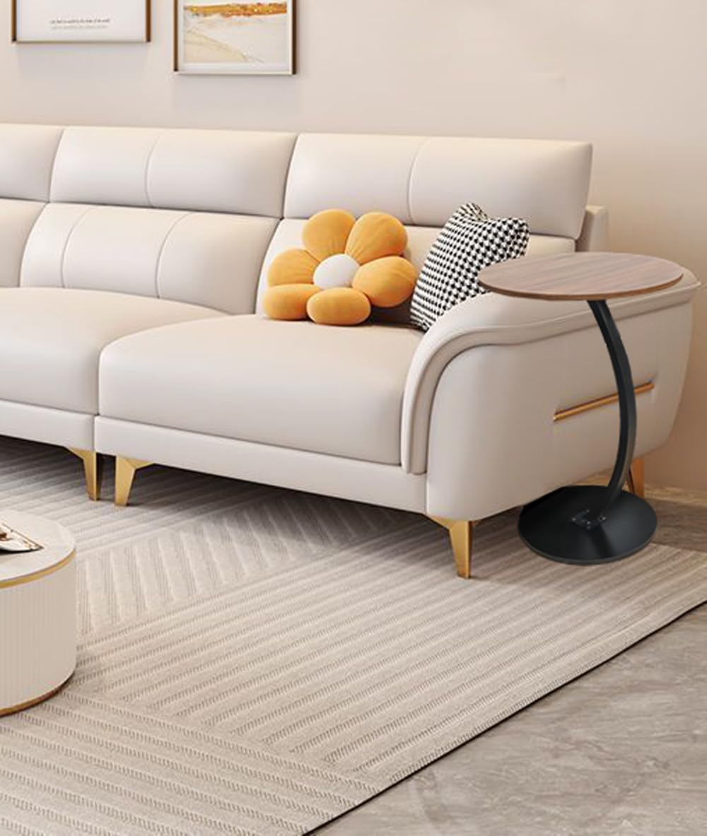 johgee Tavolino in legno, supporto a forma di C, diametro del piano 40 cm, bellissimo effetto noce, tavolino rotondo, tavolino per soggiorno, divano, legno