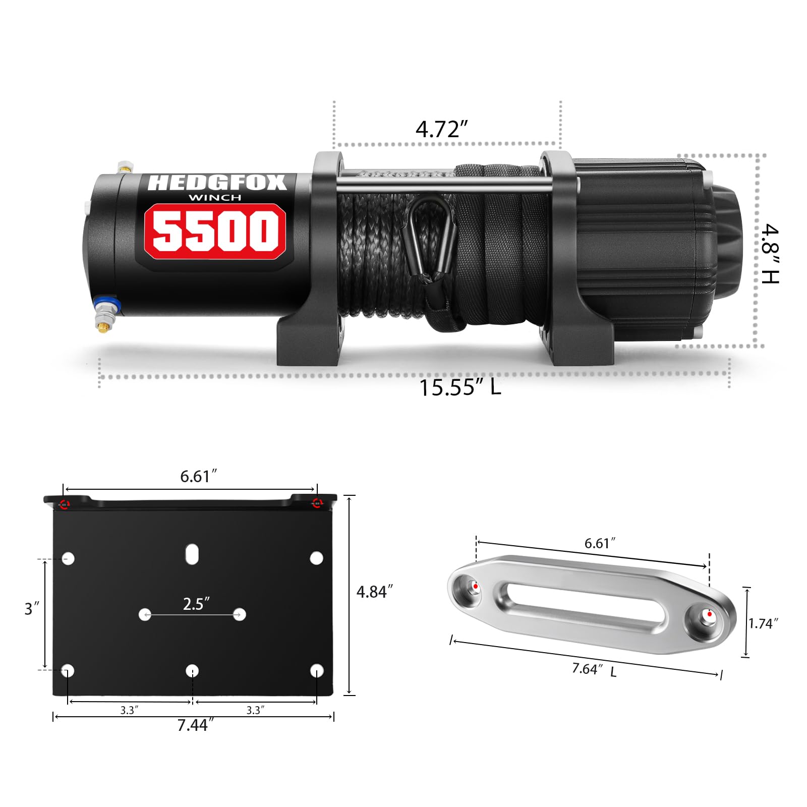 Cabrestante eléctrico de 5500 libras de 12 V impermeable con cuerda sintética Hawse Fairlead Kit para todoterreno, UTV ATV, cabrestante de recuperación con control remoto inalámbrico de mano y