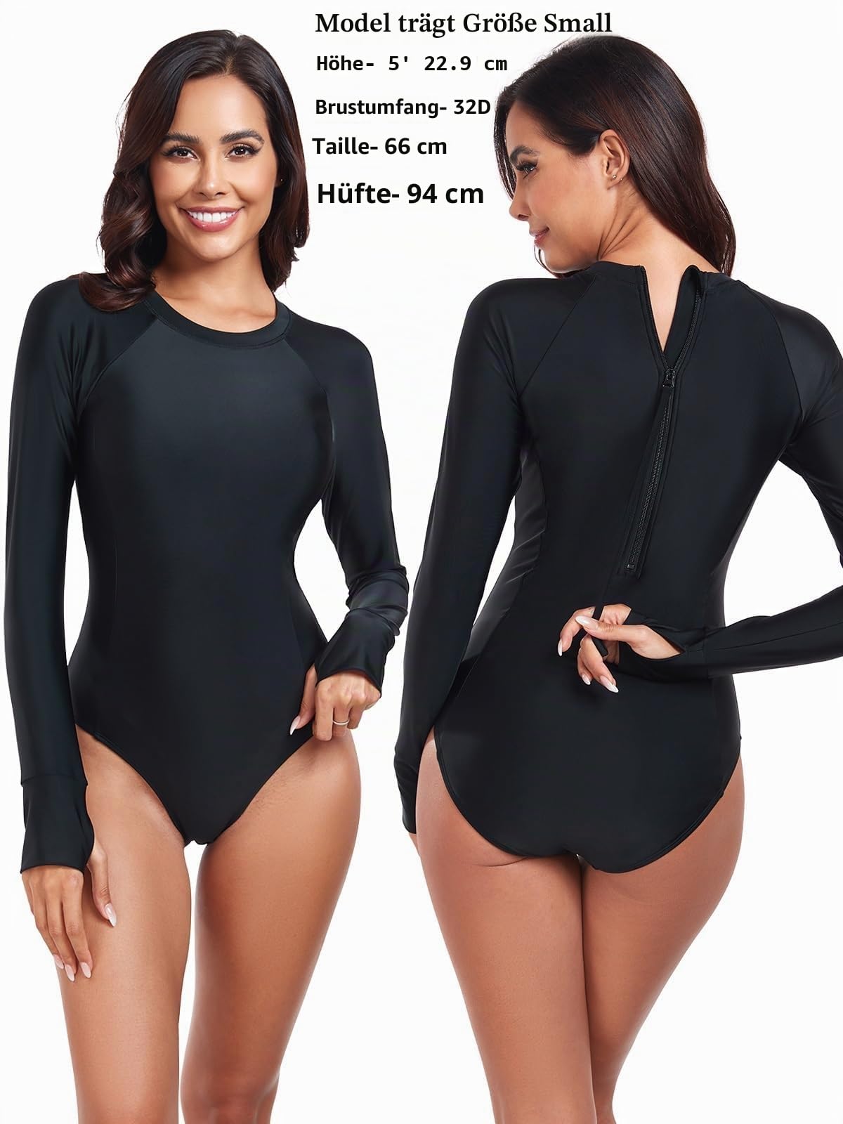 Ocean Blues Damen Langarm Badeanzug mit Hinten Reißverschluss Einteiliger Schwimmanzug mit Rundhalsausschnitt UV 50+ Schutz für Schwimmen & Wassersport