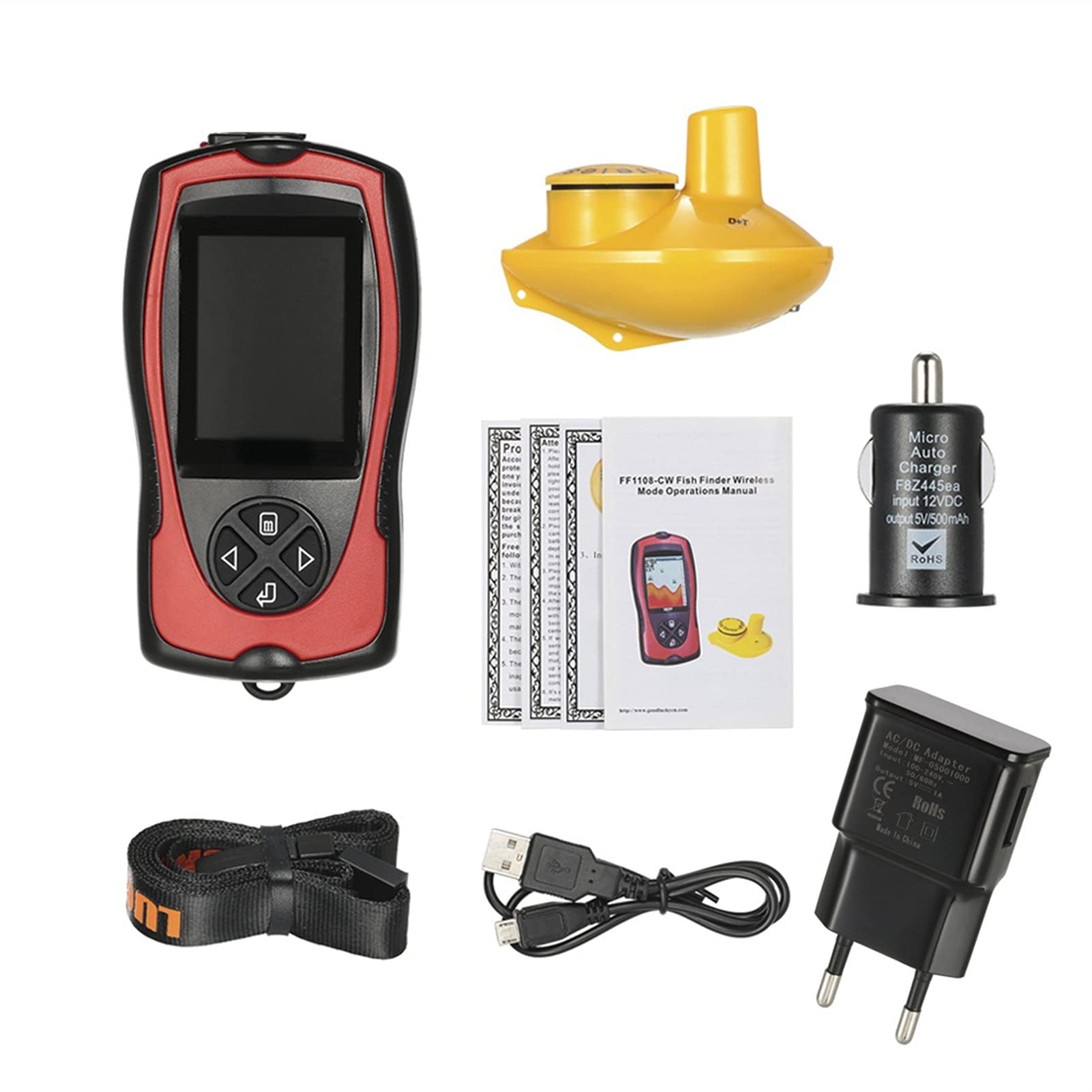 Buscador de Peces, 2.4 Pulgadas LCD Inalámbrico Fish Finder Alarma Detector de Peces Sonar Transductor Profundidad Localizador Hielo Barco océano