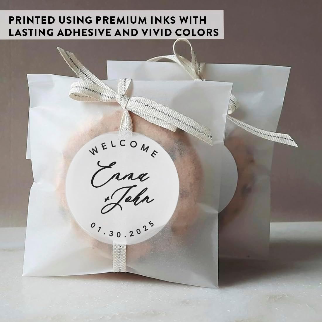 Andaz Press 2" Round Crystal Clear Personalized Wedding Sticker Labels - Custom Vinyl Self-Adhesive Labels for Favors, Candy, Sweets, Welcome Bags, Gifts - 40-Pack