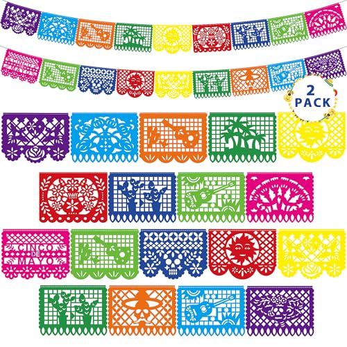 36 FT Cinco De Mayo Decorations, 2 Pack Mexican Party Banner, Plastic Fiesta Banner Colorful Papel Picado Hanging Banner String Flags Mexican Theme Party Dia De Los Muertos Day of the Dead Decor