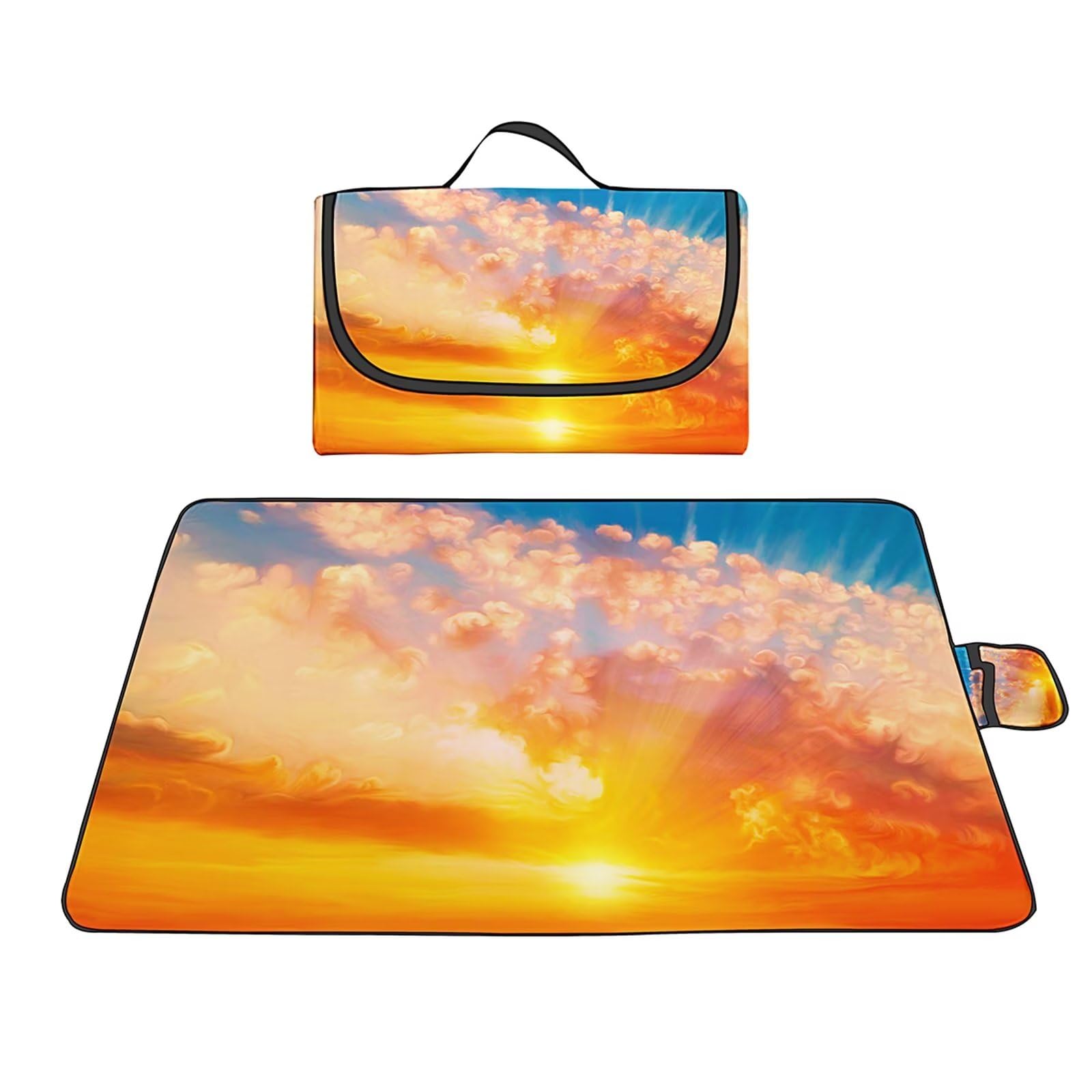 Couverture Pique-nique Imperméable 150x200cm,Couverture Plage Extérieure XXL,Nuage jaune au coucher du soleil Camping Couverture étanche Pique-nique avec Poignée pour Camping Randonnée Parc Plage
