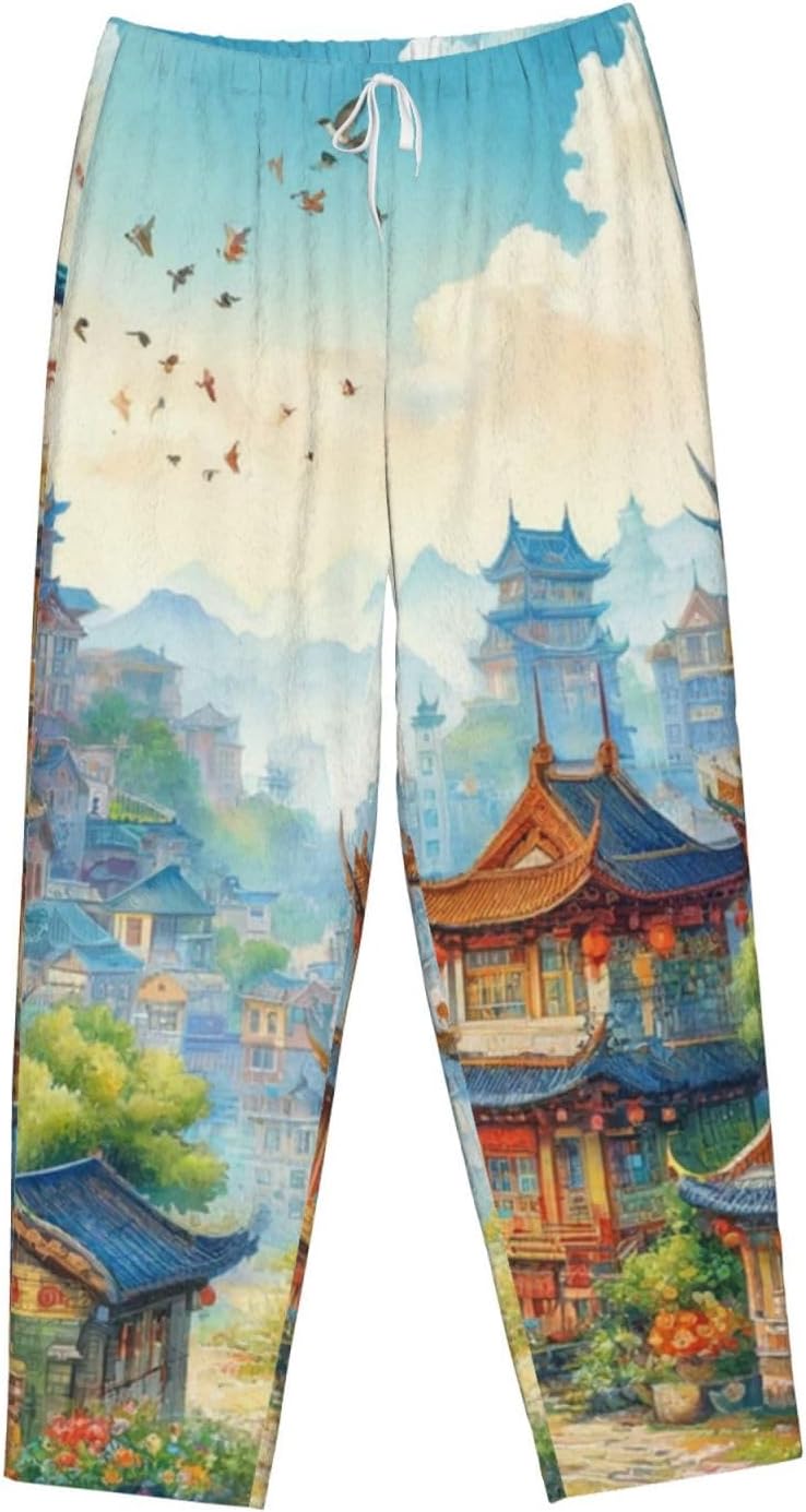 Women'S Cartoon-Ancient-Pagodas Fleece Pajama Pants, Cozy Flannel Lounge Bottoms For Women