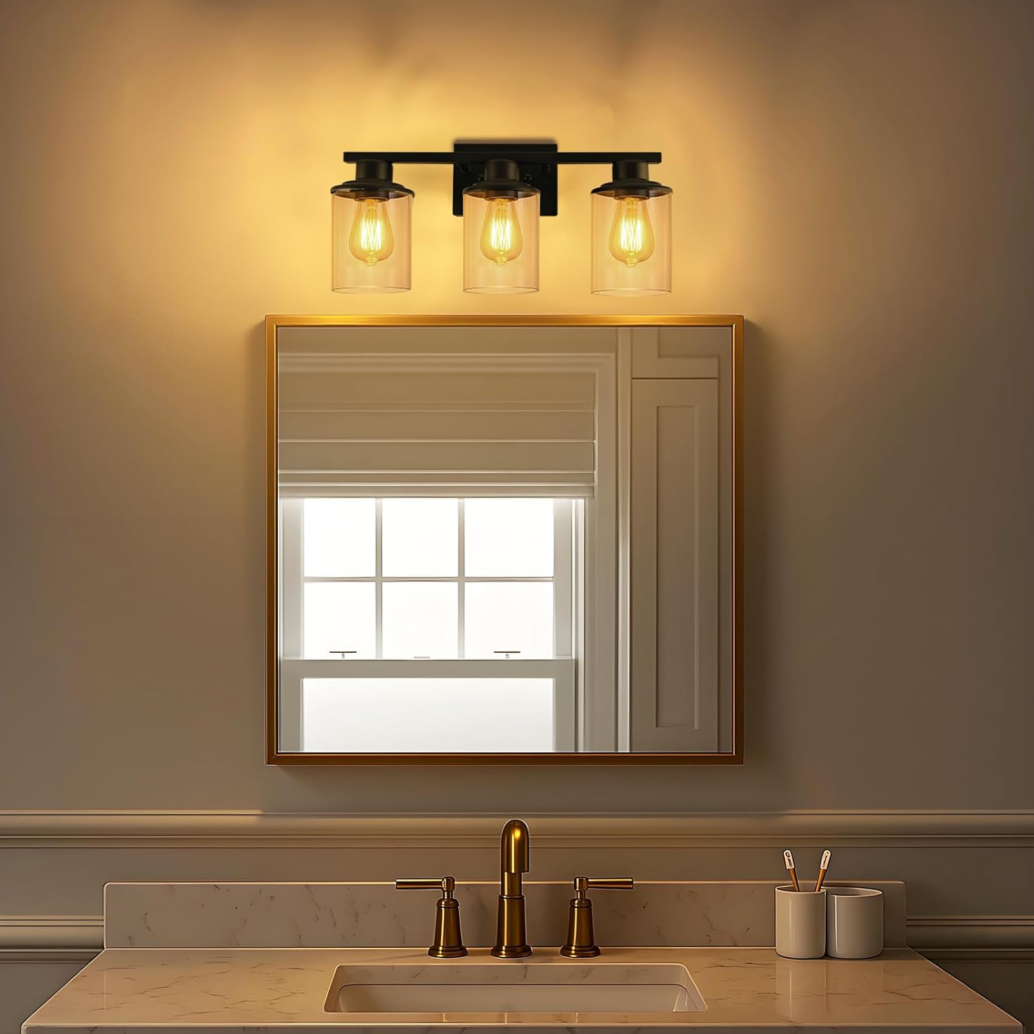 Lightdot Modern Bathroom Light Fixtures, 3 Light Vanity Lights, Black Wall Lamp with Clear Glass for Bathroom, Mirror, Living Room, Bedroom, Hallway, E26 Base-Black