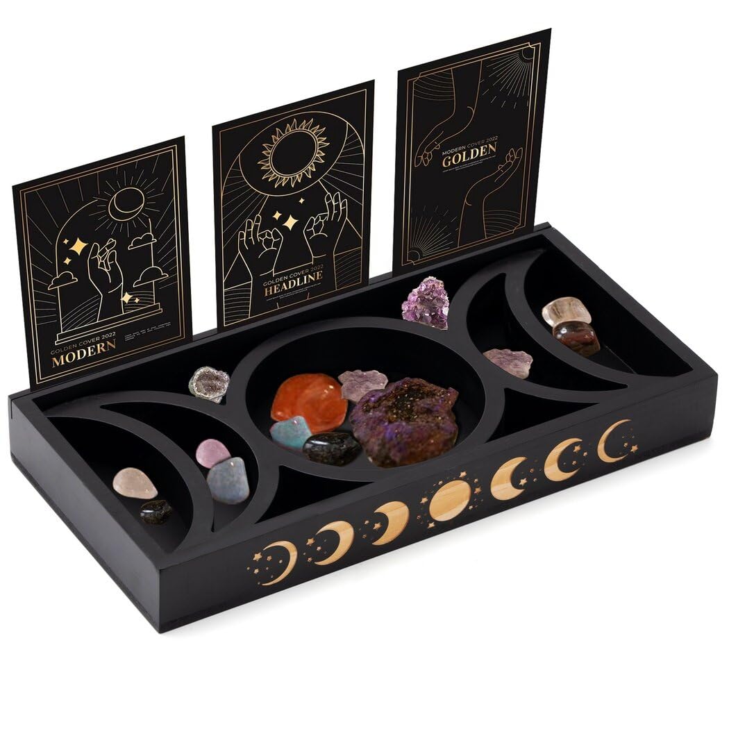 Wooden Tarot Card Holder Stand, Crystal Holder for Stones Display, Crystal Storage Organizer, Moon Tray, 3 Tarot Card Stand for Immerse Reading, Moon