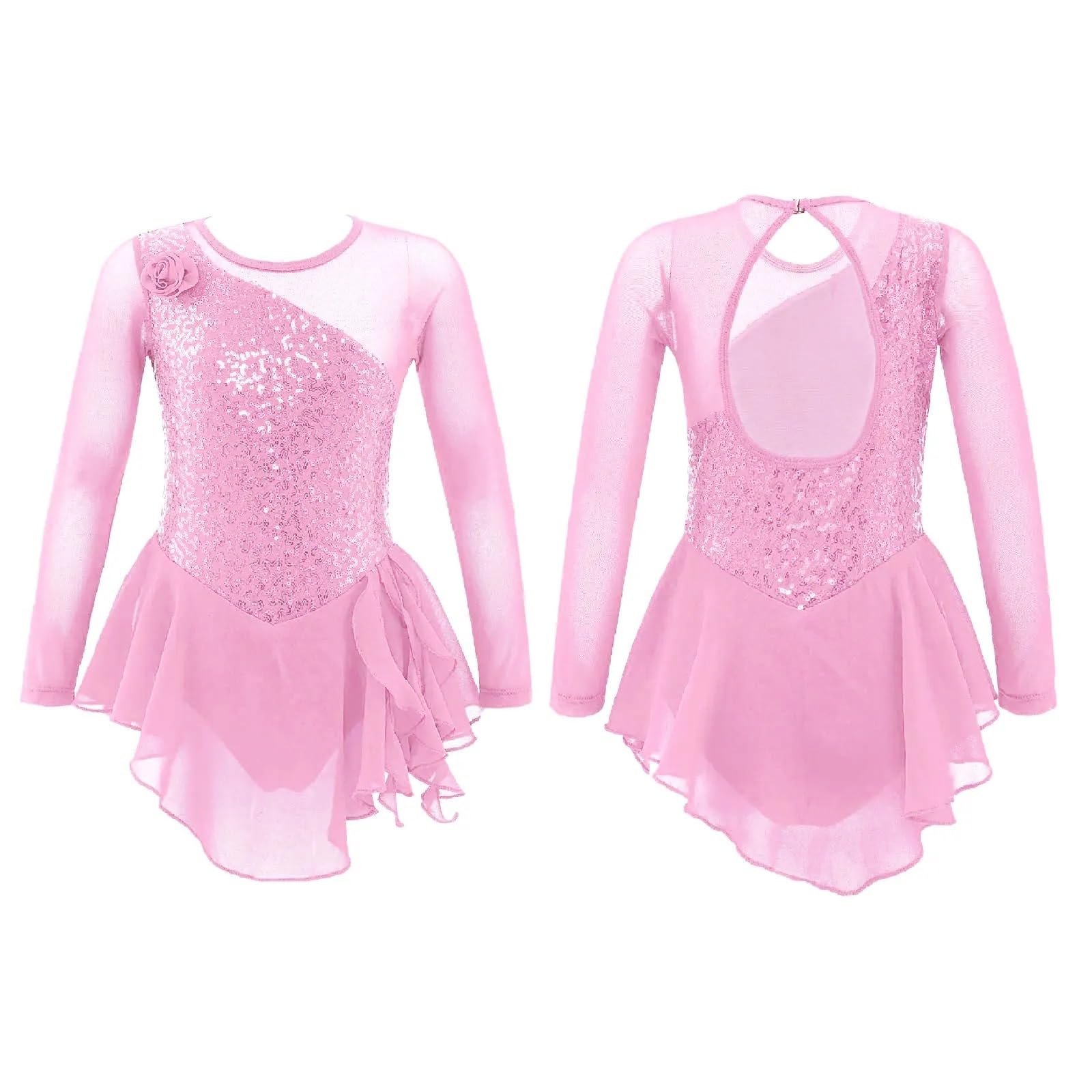 Leotardo para Competición de Gimnasia Disfraz de Leotardos de Ballet for niñas, gimnasia, lentejuelas brillantes, manga larga, figura Floral, patinaje sobre hielo, vestido de baile, Ropa de baile(Pink
