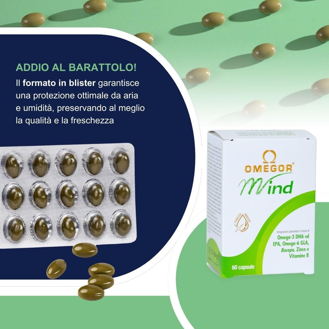 Omegor Mind Omega 3 e 6 con Bacopa Monnieri - Integratore Memoria e Concentrazione - Con Zinco, Vitamine per Favorire le Funzioni Cognitive - Per Adulti e Bambini (60 Capsule)