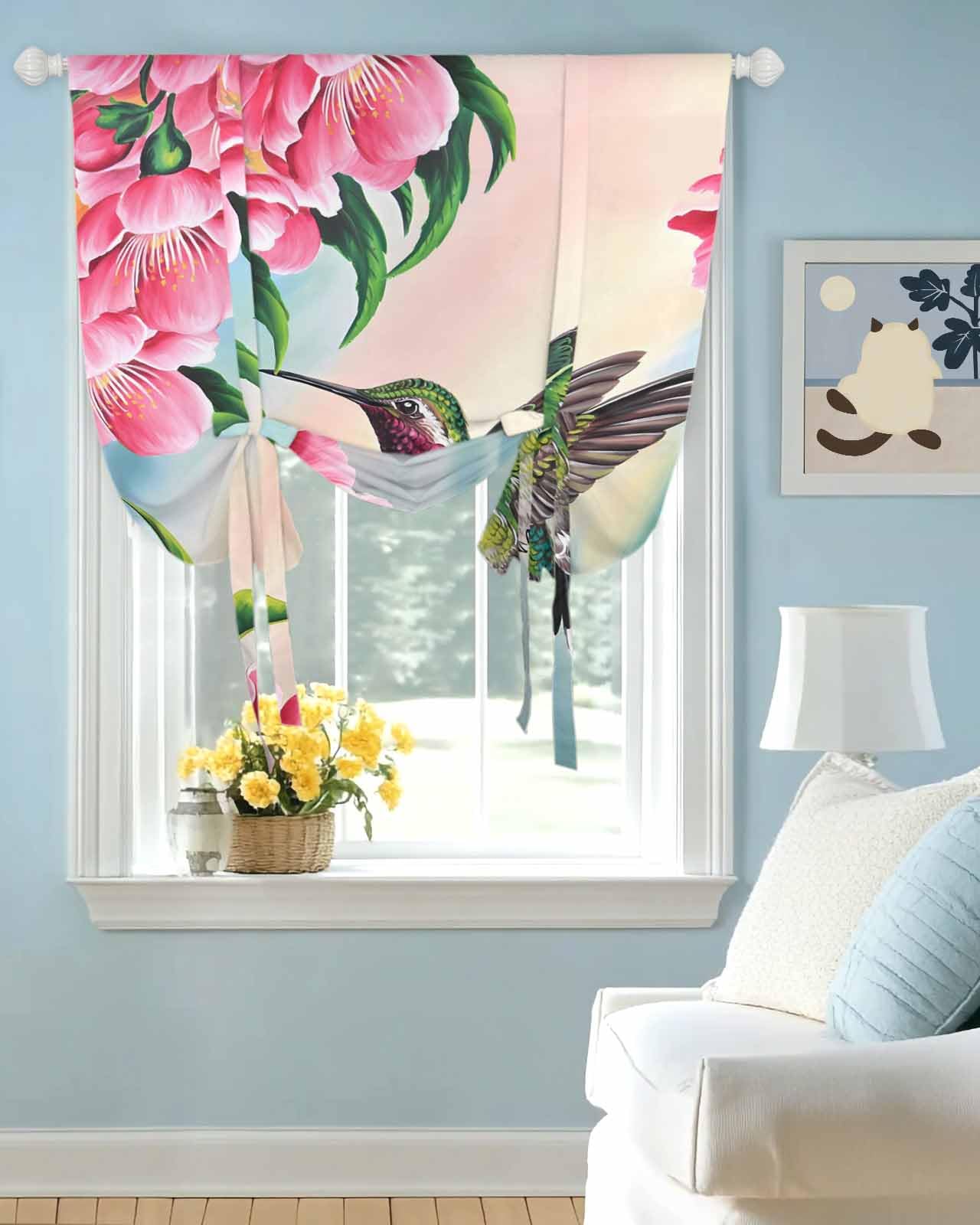 Tie Up Curtains for Windows Peach Blossom Hummingbird Rod Pocket Tie-Up Window Shade Adjustable Balloon Curtain Valance Country Pink Floral for Bedroom Kitchen Bathroom Blinds,42x45in