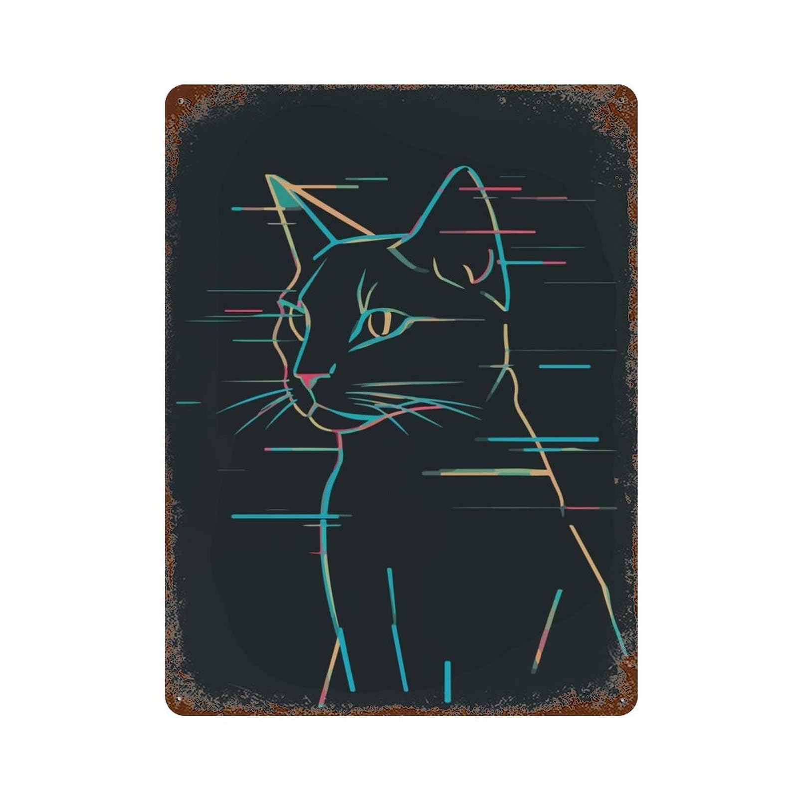 Aged Metal Wall Plaque with Glitch Cat Line Art Design 15.7"x11.8", for Basement, Hobby Room And Garage Decor, Farmhouse Wall Decor