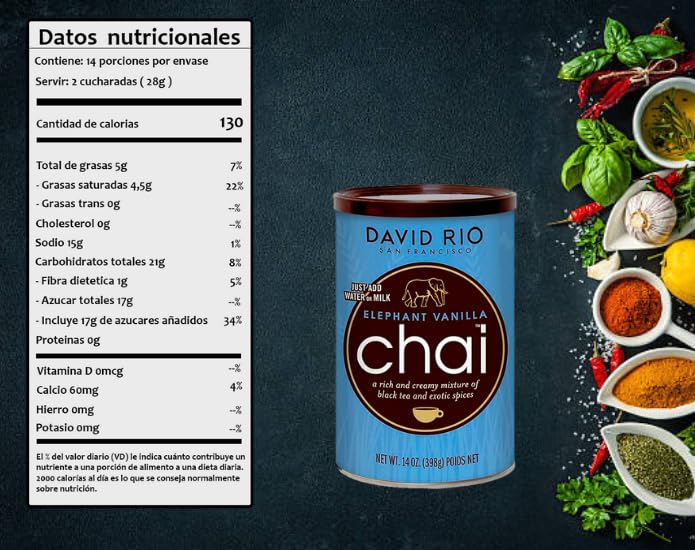 David Rio Chai Mix Tiger Spice Elephant Vanilla 14 oz 398g Instantánea Té Chai Pack 2