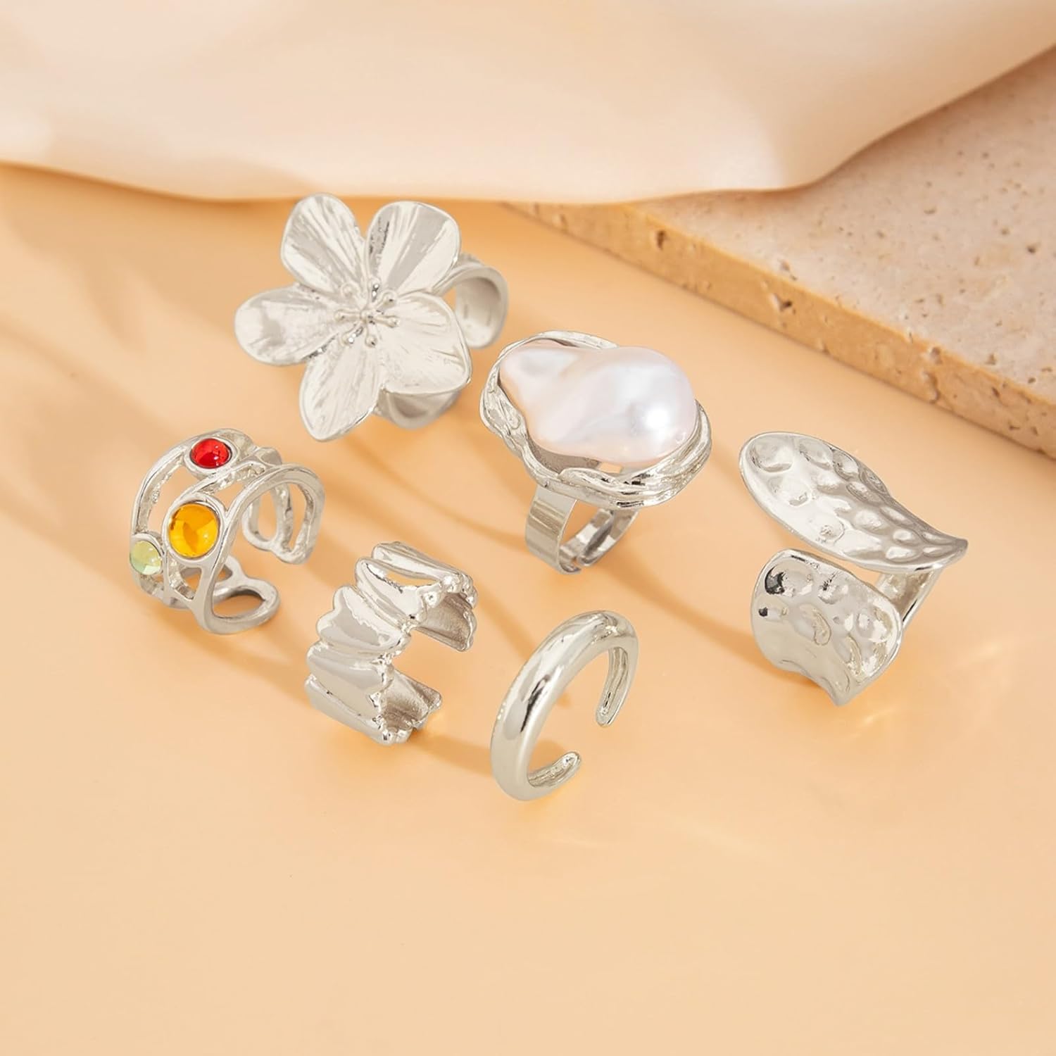 Chunky Gold Rings for Women Non Tarnish 6 PCS Vintage Stackable Flower Baroque Pearl Rhinestone Rings set Adjustable Trendy Statement Jewelry - Image 6