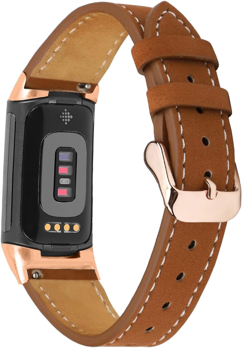 Leather Bands Compatible with Fitbit Charge 6/Charge 5, Replacement Genuine Leather Straps for Women Men Frosted Brown