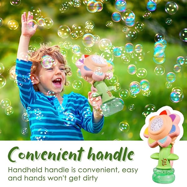 Sunflower Bubble Machine for Kids Automatic Flower Bubble Toy Built-in Rechargeable Battery Toddlers Handheld 20000+Bubbles 3 Modes Swing Dance Bubble Maker Blower Blaster Outdoor Toys Pink Green by Dali Energy Cat - Used condition - Image 6