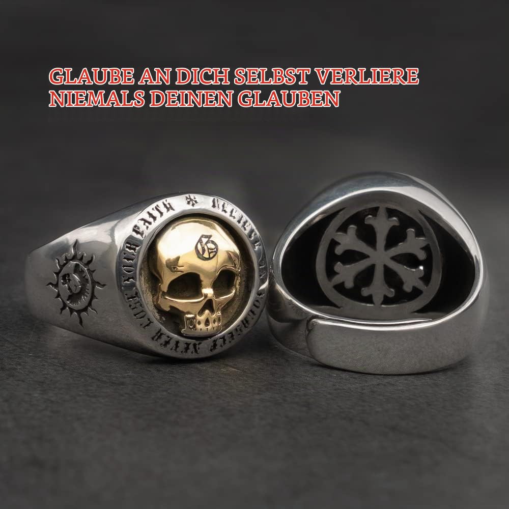 Punk 925 Sterling Silber Golden Totenkopf Schädel Ring Graviertes Sonne Totem Skull Schmuck für Herren Damen Offen Verstellbar