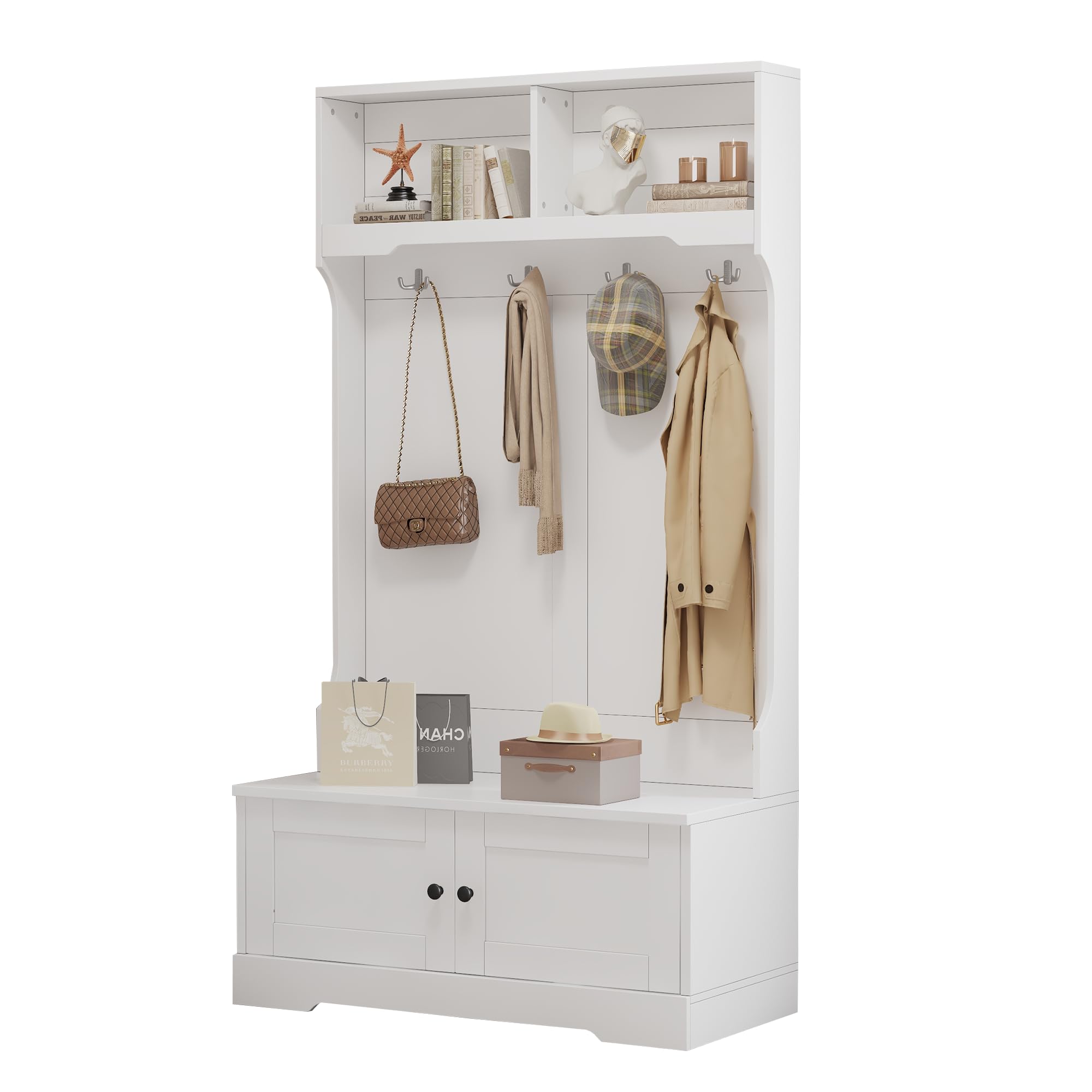 Multifunktionale Garderobenschrank Flur Weiß - Vorzimmer Möbel Set mit Sitzbank, 4 Haken & 2 Ablagefächern, Garderobenset Wandgarderobe Flurmöbel für (101.5x183cm) als Kleider, Schuhspeicher