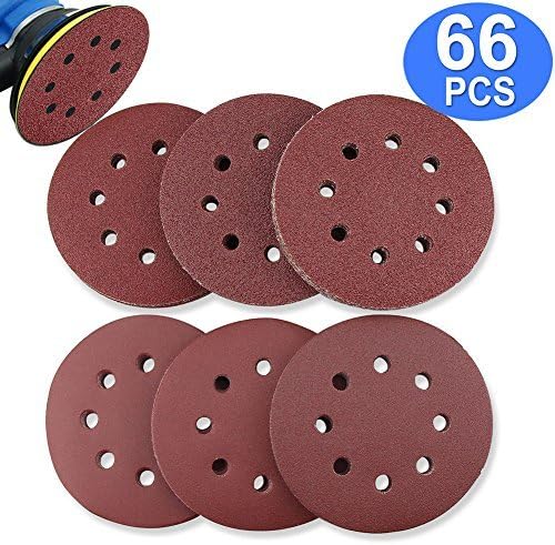 BonyTek 66 PCS 5 Inch 8 Hole Sanding Discs, 11 Discs Each of 40 60 80 120 180 240 Grits Hook and Loop Sander Sand Paper Assortment for Random Orbital Sander
