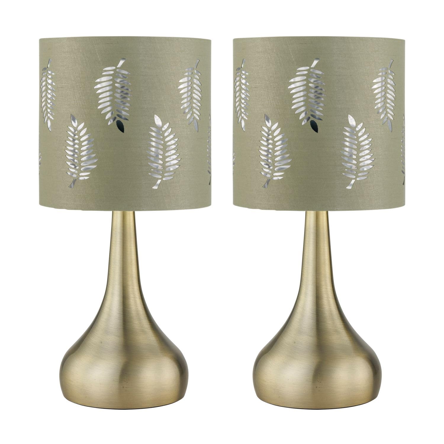Firstchoicelighting Antique Brass & Sage Green Set Of 2 Antique Brass Touch Operated Table Lamps Or Bedside Lights, Modern Design, Height 33Cm, Sage Green Fern Shade, Led Compatible