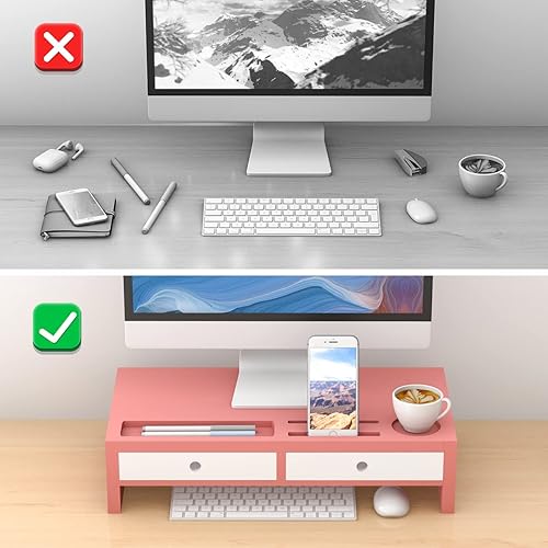 Miniatura 6 de Soporte elevador para monitor con cajón, soporte para laptop rosa y blanco, organizador de estante de escritorio de bambú para computadora, TV,