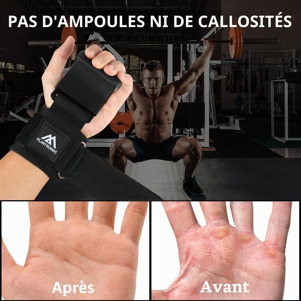 Flintronic Crochets d'haltérophilie, 8 cm de Néoprène Rembourré Bandage Poignet, Crochet Musculation pour Hommes et Femmes, pour Powerlifting, Levage et Tirage de Barre, Crossfit, Rows et Deadlift