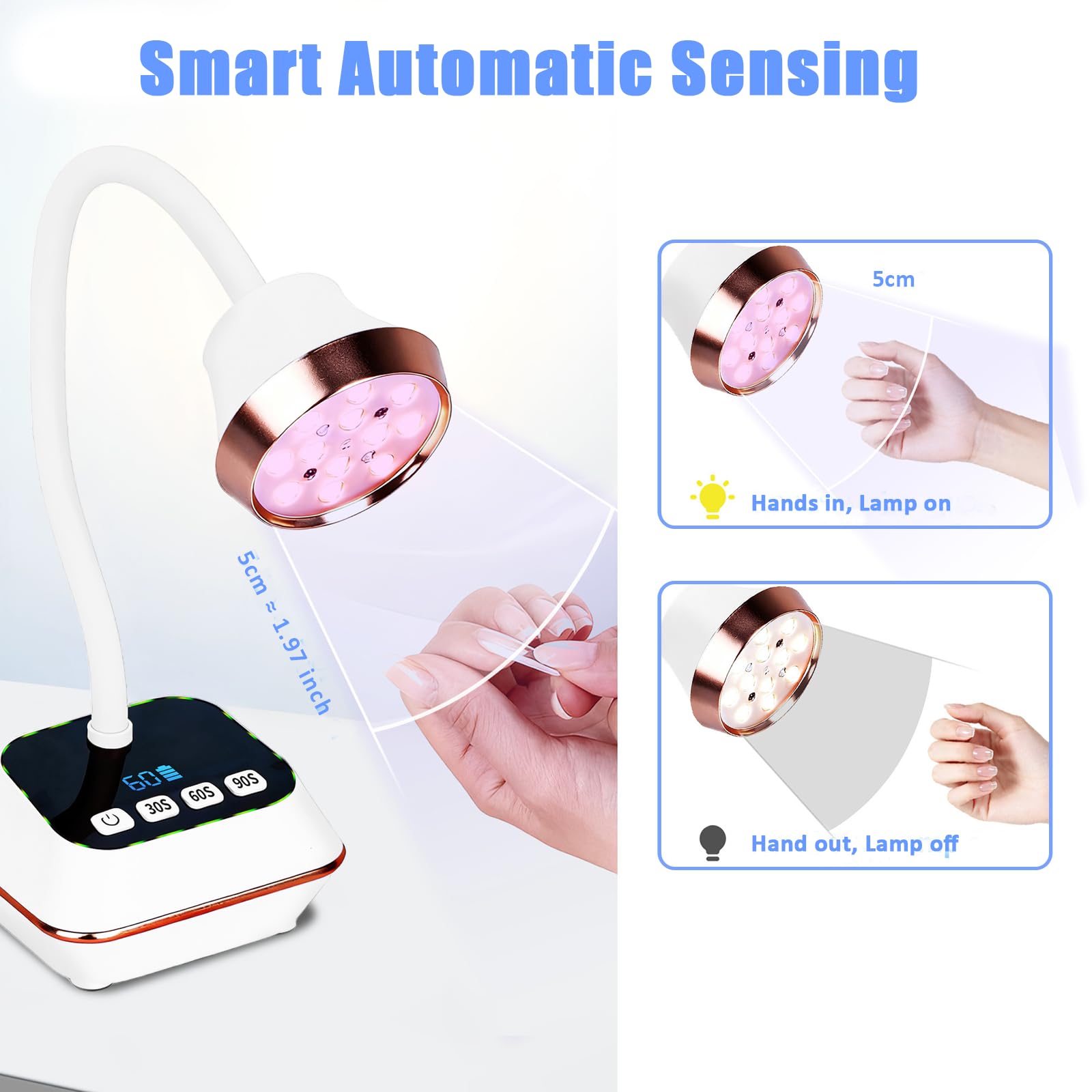 36W Lampe UV Ongles Gel, Mini Lampe UV avec Capteur Intelligent et Écran LCD, 30s/60s/90s Modes, Rechargeable Petite Sèche Ongles Design Col de Cygne Flexible pour Salon et Maison, Blanc