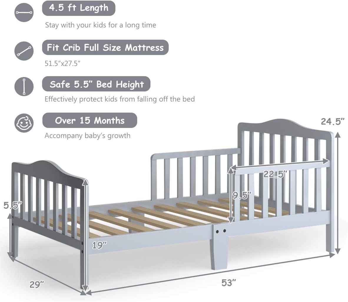 HONEY JOY Toddler Bed Frame, Solid Rubber Wood Frame w/Safety Guardrail, Fits Crib Full Size Mattress (Not Included), Children Classic Sleeping Bedroom Furniture for Kids Boys Girls (Gray)