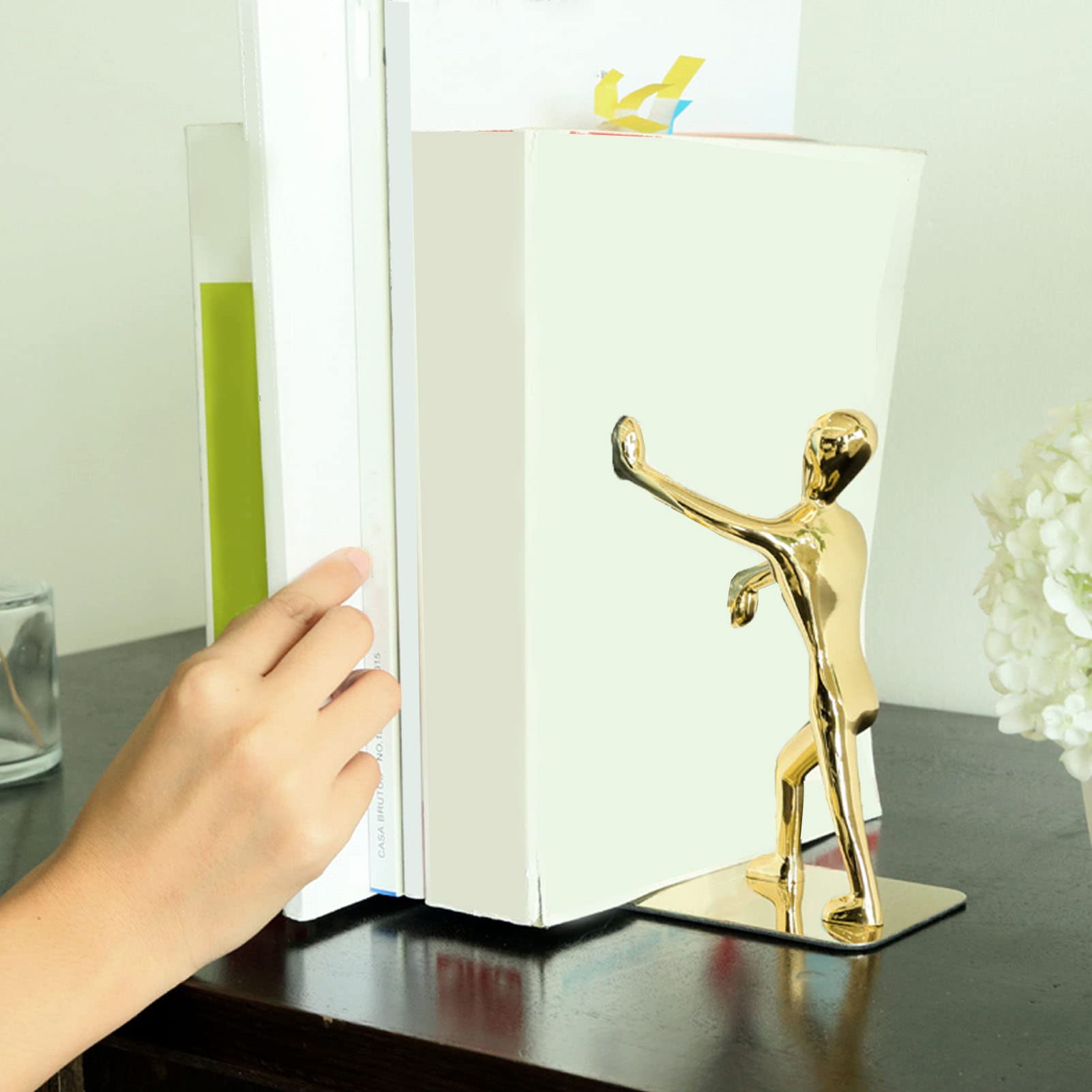 HERCHR Decorative Man Bookends, Decorative Bookends Gold Stainless Steel Art Bookend Metal Book Stopper Bookends Decor for Home Library Decoration