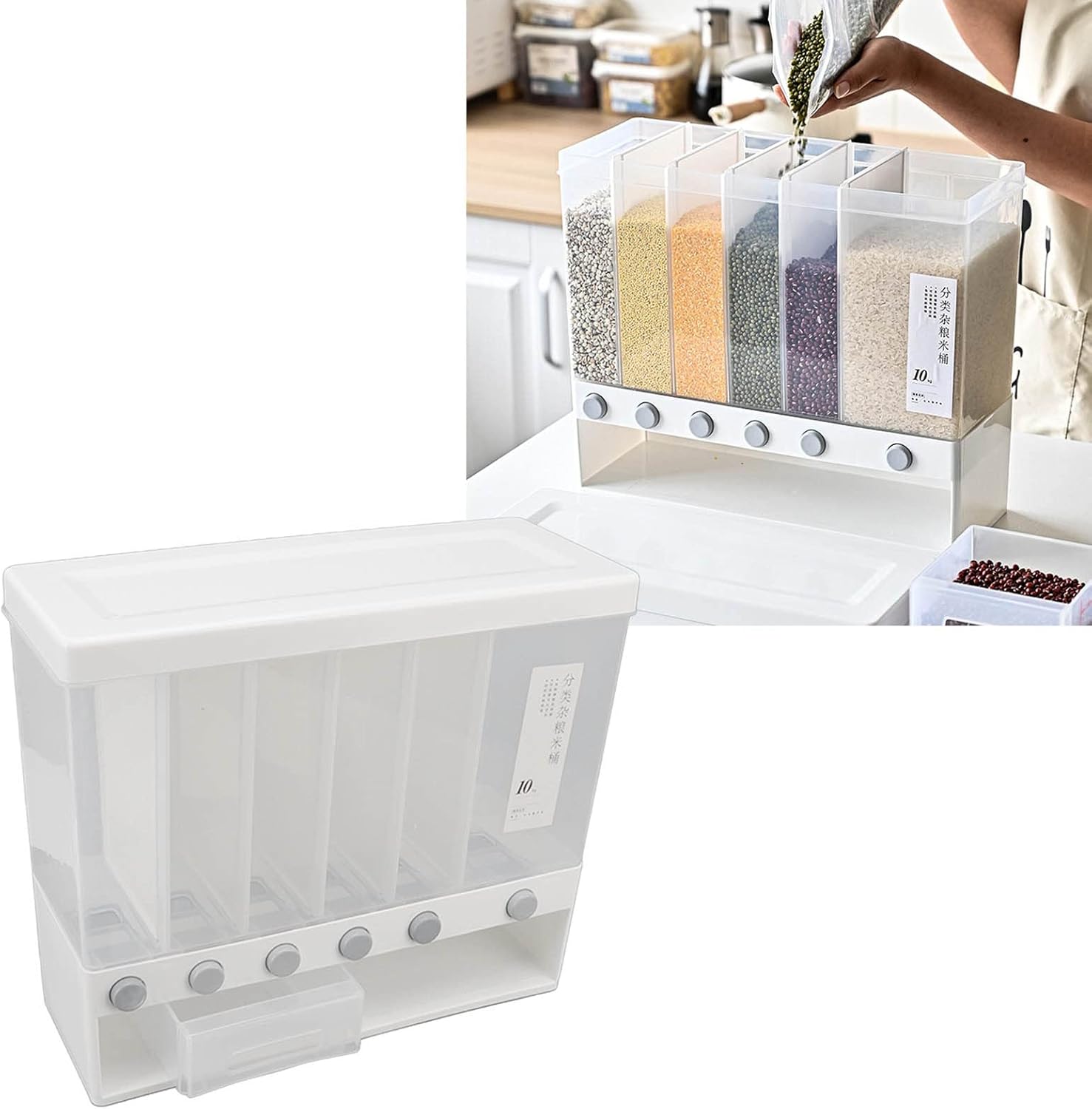 Divided Rice and Cereal Dispenser 6 Grid Food Storage Containers Grain Storage Box Household Food Dispensers 10L Capacity Suitable for Rice Beans Wall Mounted Dry Food