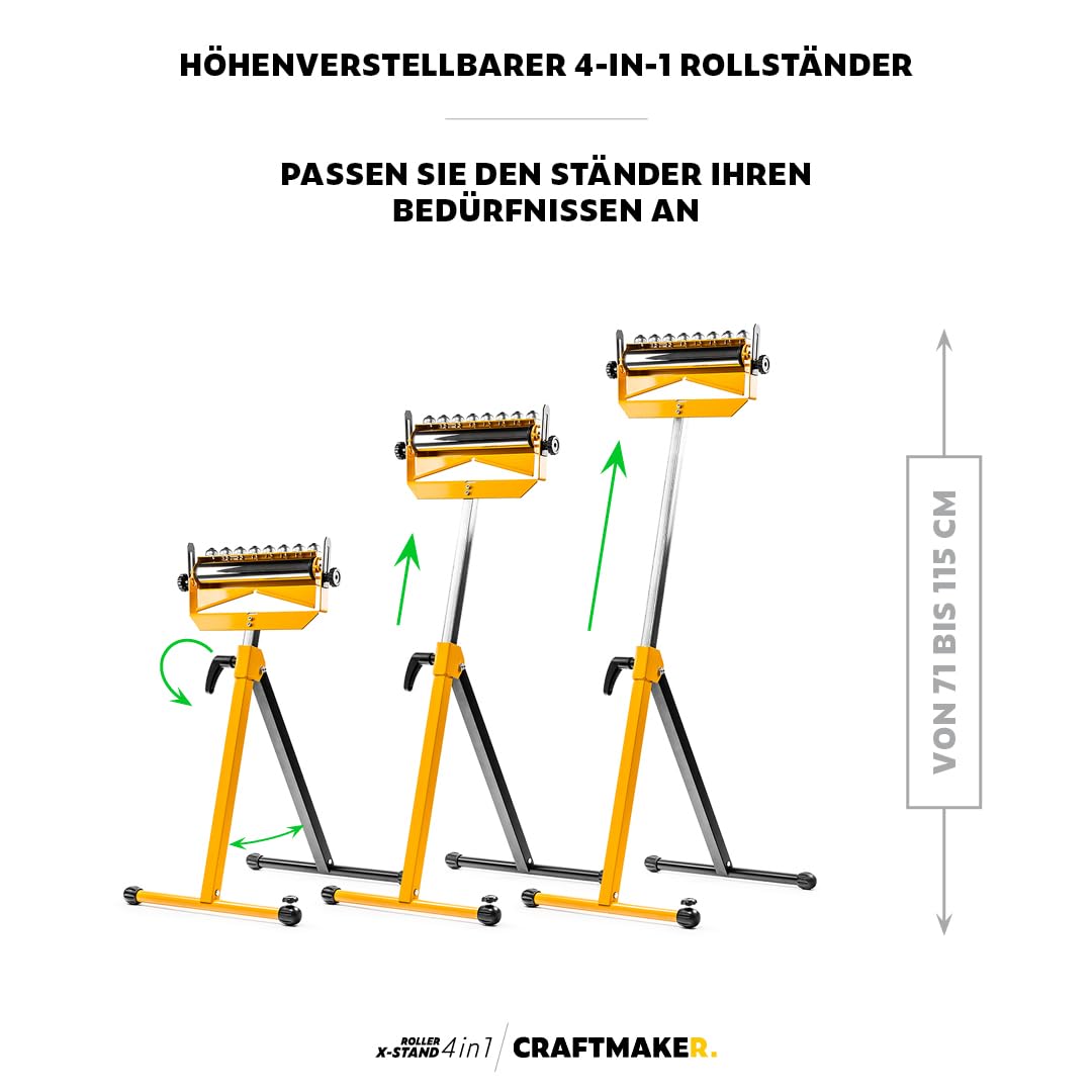 CRAFTMAKER 4-in-1 Rollenbock Höhenverstellbar - Rollbock & Rollenständer für Kappsägen und Tischkreissägen, mit Rollen-, Kugel-, Flach- & V-Auflage, klappbar 71–115 cm, bis 100 kg