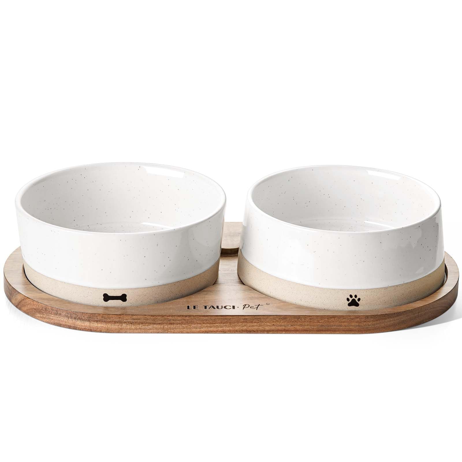 LE TAUCI PET Ceramic Dog Bowls for Medium and Small Dogs - 3.2 Cup Weighted Non-Slip Food and Water Bowls with Acacia Wood Tray, Pet Bowl Set of 2