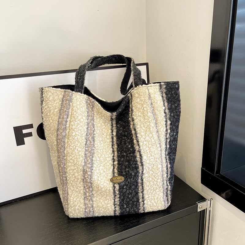 Women's Plush Tote Bag Large Shoulder Bag with Dual Sides Soft Trendy Casual Commuter Bag for Work Travel2