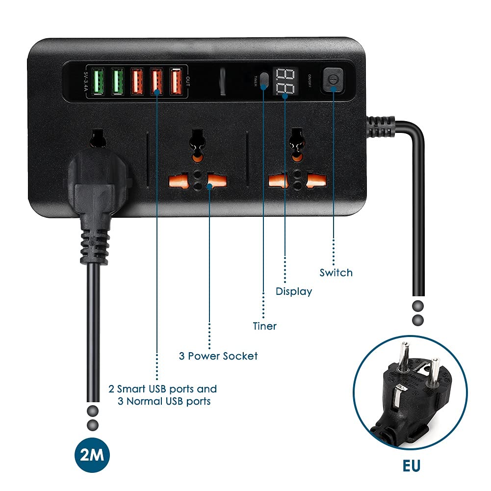 UK EU Plugs Home Extension Power Outlet with Switch Smart Timing 5V 3 4A 5 Port Charger 3 — view 6