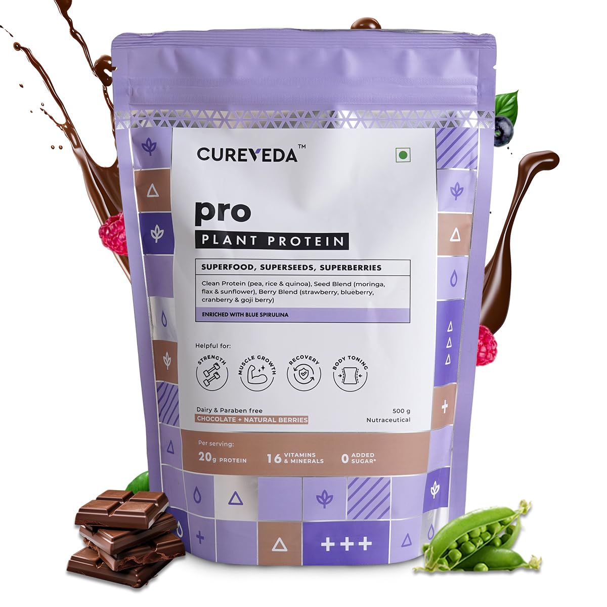 Cureveda PRO Super-3 Vegan Plant Protein powder with Superfood, Superseeds & Superberries | Chocolate (500gm)