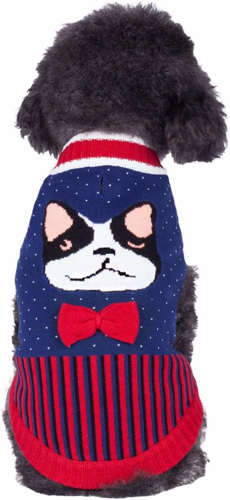 Blueberry Pet Fancy Dog Sweater with Cute French Bulldog and Bowtie, Back Length 10", Pack of 1 Clothes for Dogs