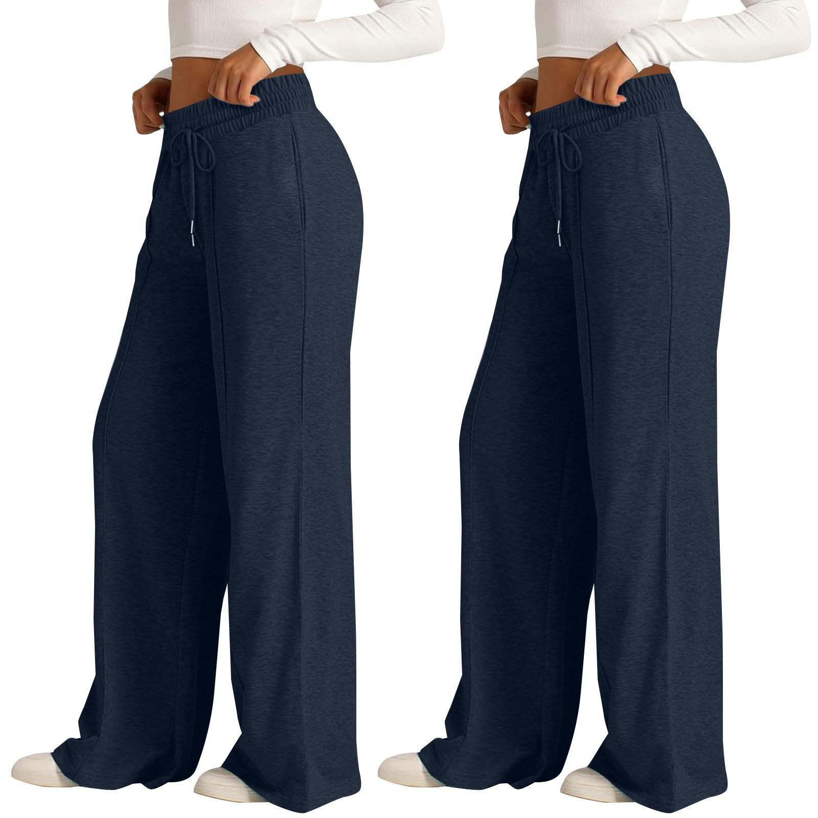 Paquete de 2 pantalones deportivos de pierna ancha para mujer, con bolsillos, elásticos, de cintura alta, elásticos, de pierna recta, para oficina, trabajo, pantalones palazzo con bolsillos y cordón