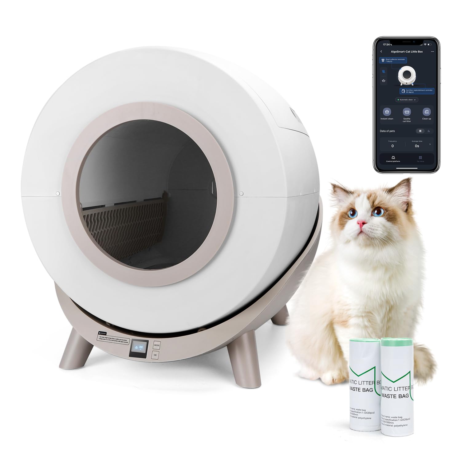 Nobleza - Arenero Autolimpiable Inteligente para Gatos con App - SL01, 80L Capacidad, Ideal para Varios Gatos, Incluye 2 Rollos de Bolsas de Basura, Inodoro Automático para Mascotas