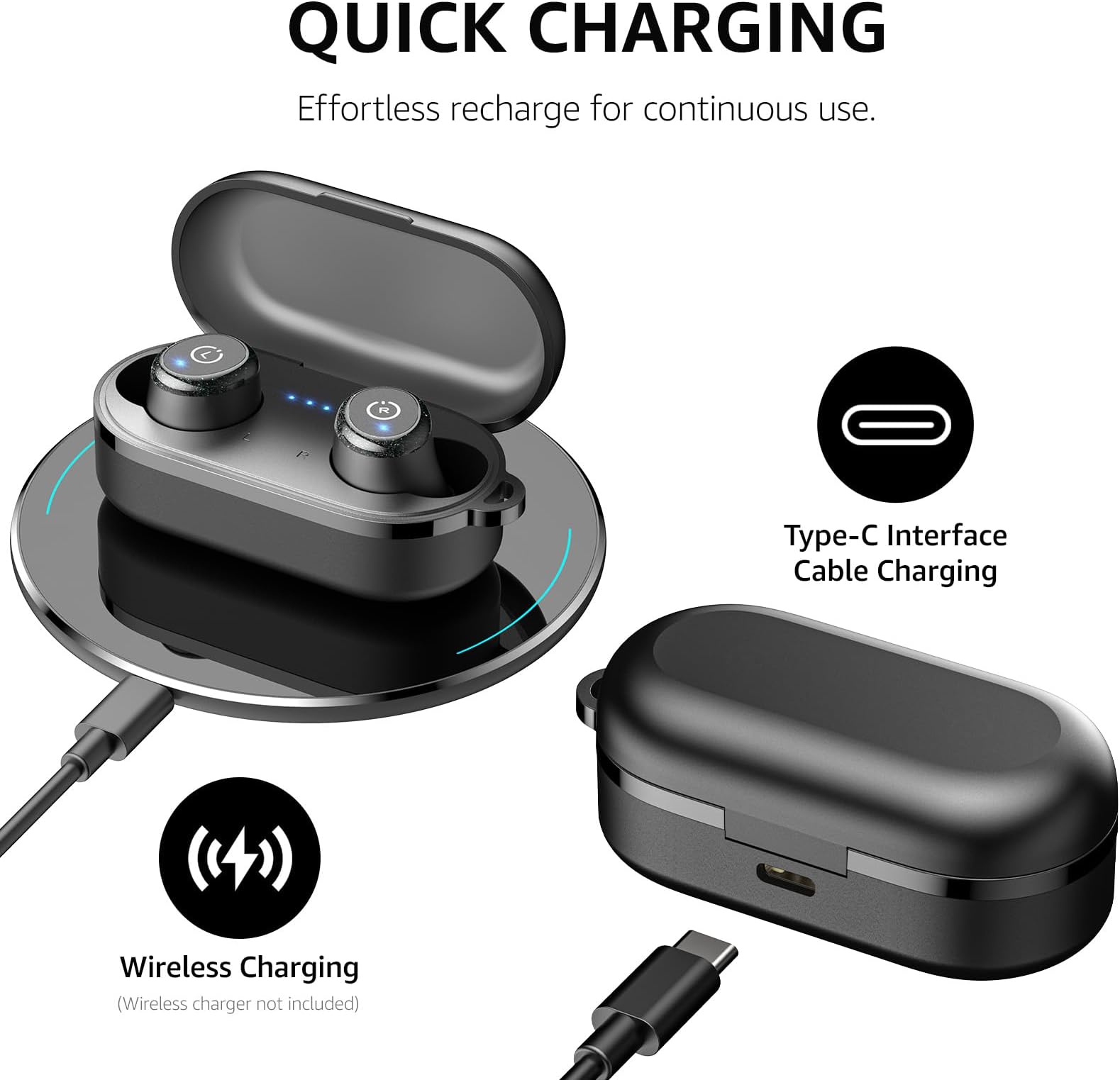 TOZO T10 Wireless Earphones Bluetooth 5.3 Headphones, APP Customized EQ, Ergonomic Design, 55H Playtime, Wireless Charging Case, IPX8 Waterproof Powerful Sound In-Ear Headset Black