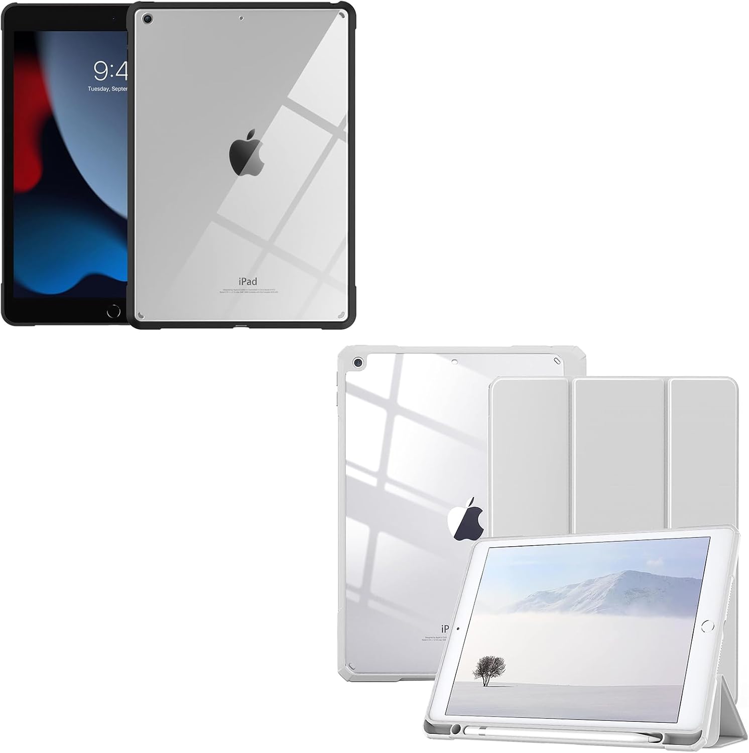 TiMOVO iPad 9th Generation 2021/ iPad 8th Generation 2020/ iPad 7th Generation 2019 Protective Clear Case with Pencil Holder, Light Gray + Slim Lightweight Flexible TPU Protective Clear Case, Black