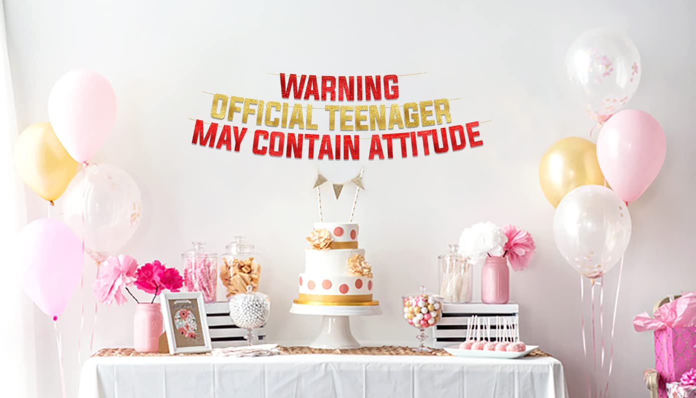 Goldenes Glitzer-Banner mit Aufschrift "Warning Official Teenager May Contain Attitude", Partyzubehör, Ideen, Geschenke und Dekorationen