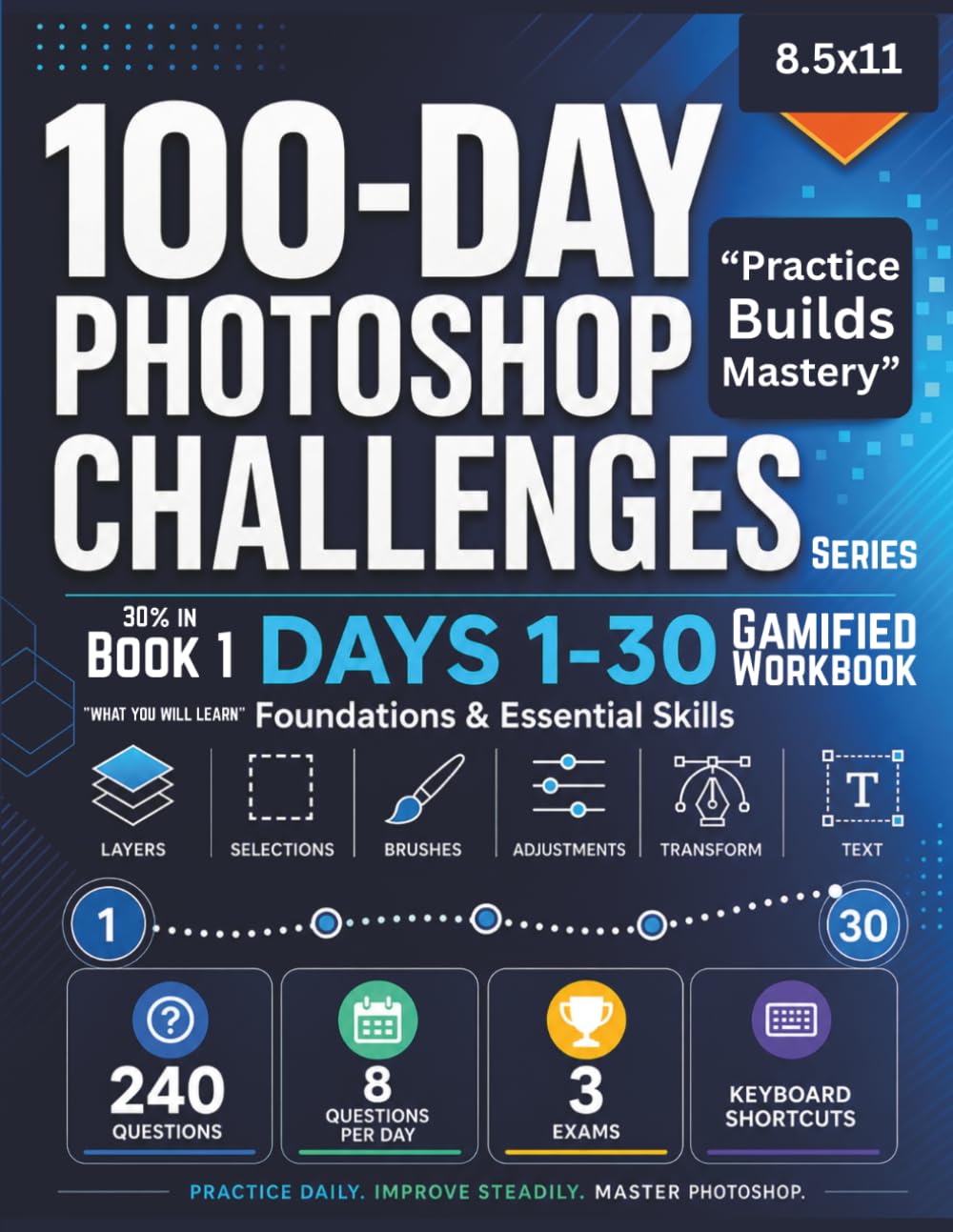 100-Day Photoshop Challenges: Book 1 Days 1-30: Interactive Gamified Workbook - Master Foundations & Essential Skills with 240 Questions, Hints, Shortcuts & 3 Exams