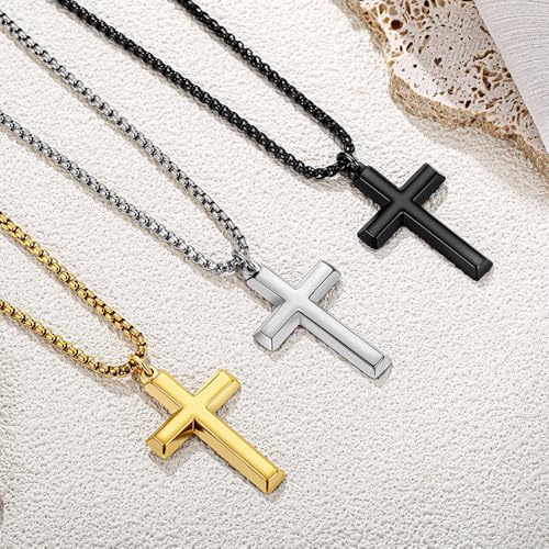 Cross Necklace for Men Silver Gold Black Stainless Steel Beveled Edge Cross Chain Pendant Christian Necklace for Men Crucifix Pendant Box Chain Length 22-24 Inch4