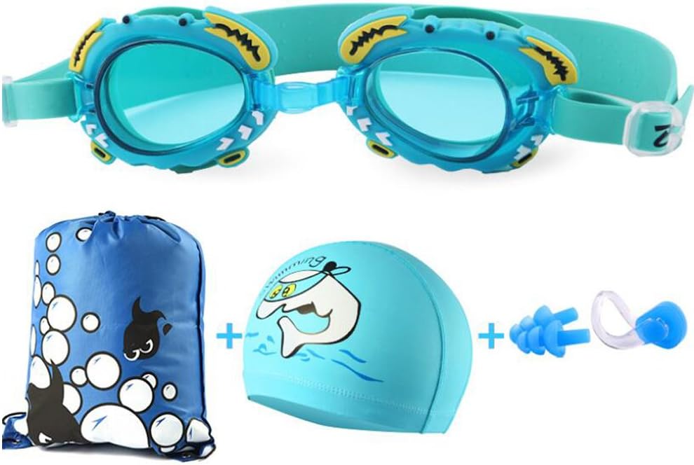 Kids Swim Goggles Set with Anti Fog UV Protection Swimming Goggles Swim Cap and Ear Plugs Nose Clip Swimming Equipment for Youth Kids Boys Girls (Lake Blue, One Size)