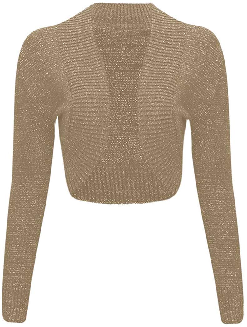 GOSTYLES® Womens Long Sleeve Knitted Lurex Shrug, Ladies Stylish Dressy Cover Up Lightweight Metallic Sparkly Bolero Cardigan (Mocha, XXL)