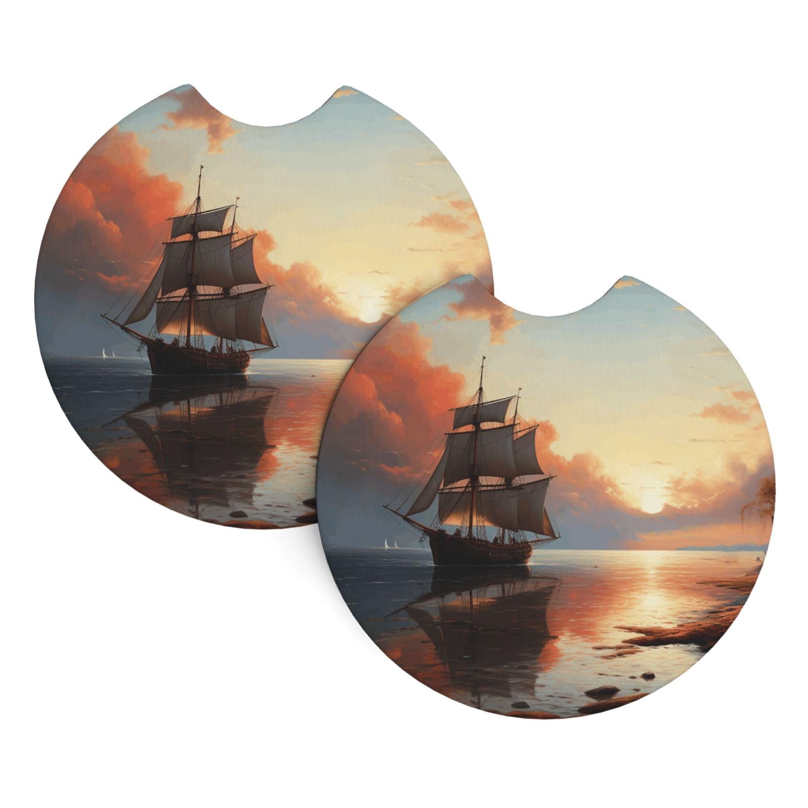 2 Pack Car Coaster for Cup Holders Sailboat Landscape Car Cup Coaster 2.7" Neoprene Non-Slip Automotive Cup Mat Universal Auto Car Interior Accessories for Women Men Cup Pad